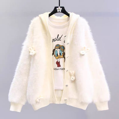 Japanese cartoon imitation mink hooded sweater jacket for women autumn and winter 2023 new loose design knitted cardigan (S3337)