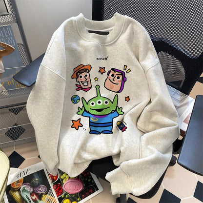 American lazy chic Buzz Lightyear cartoon sweatshirt for men and women autumn and winter couples plus velvet thickened straight shoulder inner top