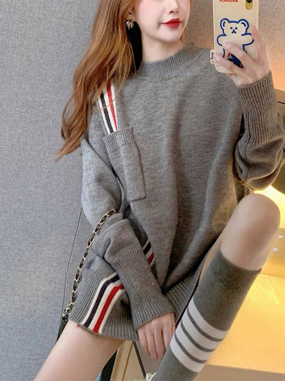 Women's large size lazy style striped outer sweater Korean style loose fashion trendy sweater gray top for women T3459