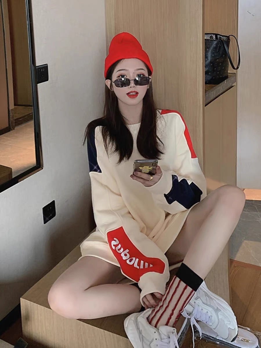 Cream sweatshirt for women internet celebrity trendy brand ins super hot 2023 new autumn loose thin round neck pullover top