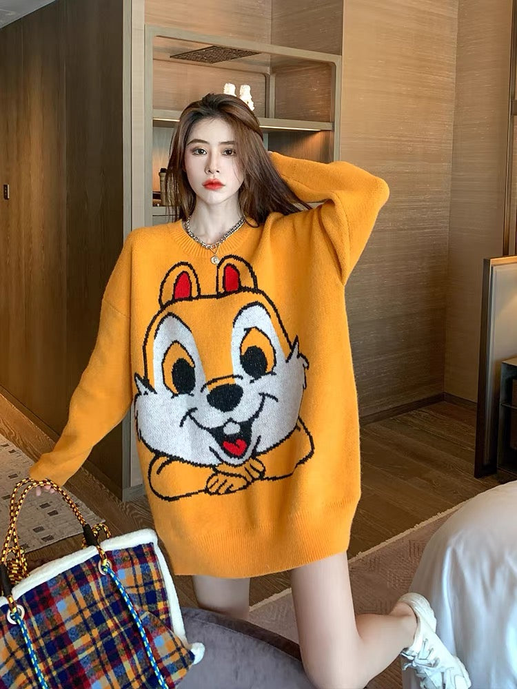 Squirrel Orange Japanese Sweater Women's Mid-Length Loose Korean Fashion Design Pullover Autumn and Winter Knitted Sweater T2381