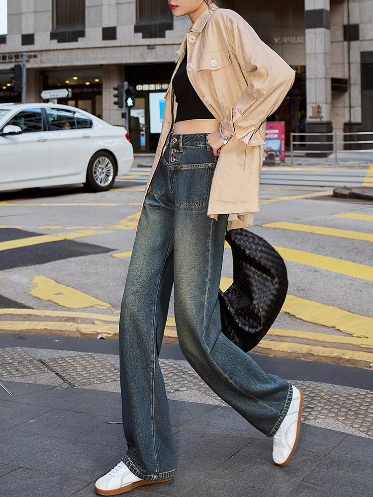 High-waisted loose ripped jeans women's straight wide-leg pants 2023 autumn  new trendy brand heavy industry design mopping the floor (P129)
