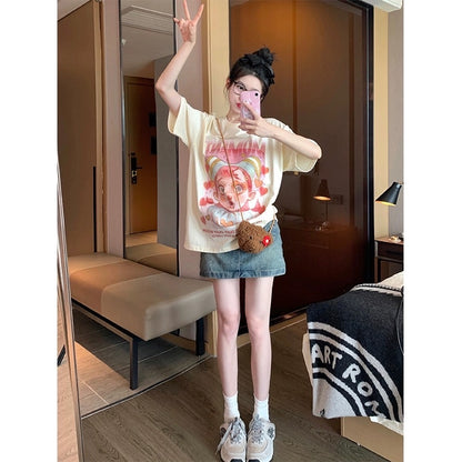 Sweet and cool short-sleeved t-shirt female 2023 new summer niche unique fashion personality foreign style age reduction front shoulder top ins