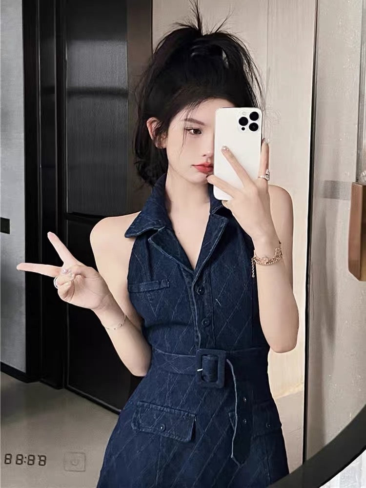 Pure desire babes high-end sexy design niche polo suit collar waist slim hanging neck denim dress female summer