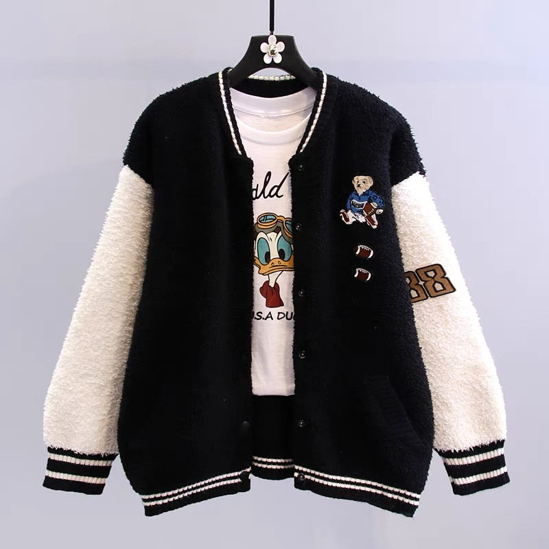 Cartoon sherpa color-blocked sweater jacket for women autumn and winter 2023 new baseball uniform loose outer wear knitted cardigan