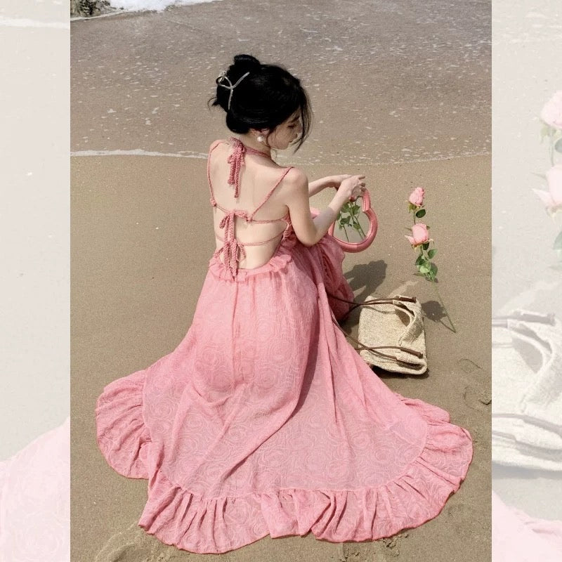 Elegant trailing long skirt with wooden ears design sense rose hollow pleats strapless backless sexy suspender dress