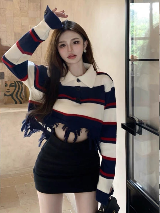 Retro contrast striped hole sweater autumn new outer wear women's polo collar design long-sleeved short sweater