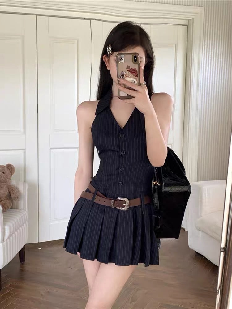 French platycodon babes striped sleeveless v-neck halter neck strapless dress female summer advanced sexy waist pleated skirt