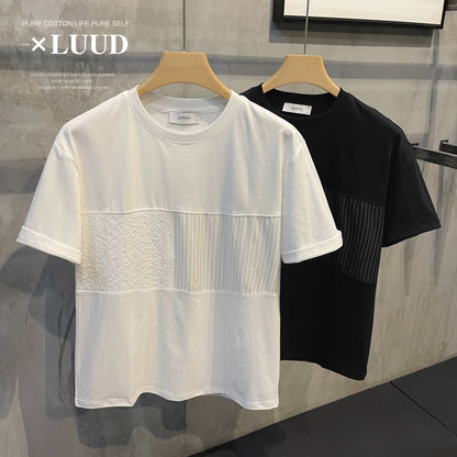 LUUD 2023 summer splicing striped round neck short-sleeved men's Japanese and Korean trendy brand temperament solid color loose shoulder T-shirt