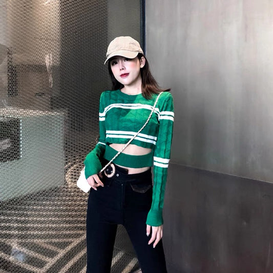 Striped short navel-baring pullover long-sleeved sweater top for women 2023 new autumn style sweater bottoming shirt (B4410)