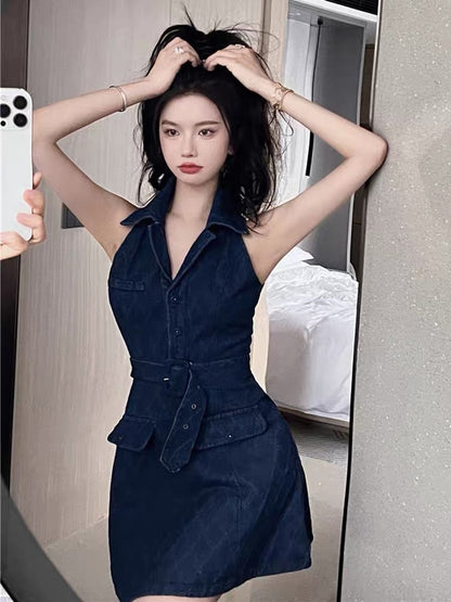 Pure desire babes high-end sexy design niche polo suit collar waist slim hanging neck denim dress female summer