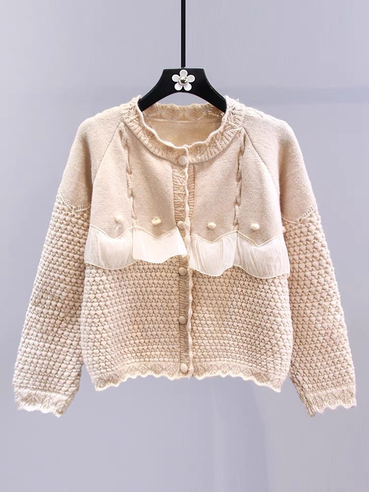 Small fresh fungus edge stitching sweater jacket for women autumn and winter 2023 new loose lazy style casual knitted cardigan