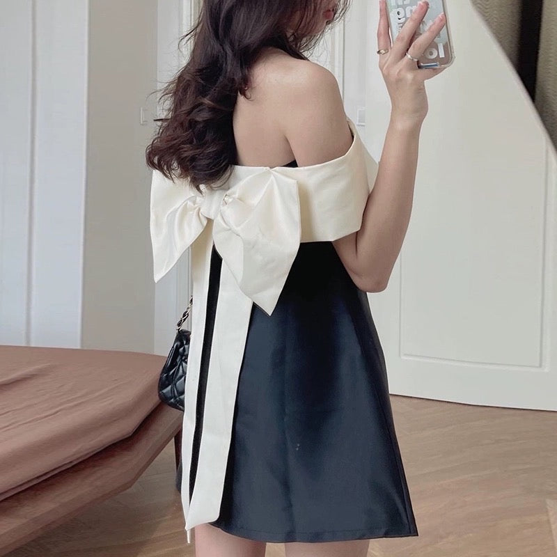 Korean chic summer French niche one-word collar strapless back tie bow waist short-sleeved dress female