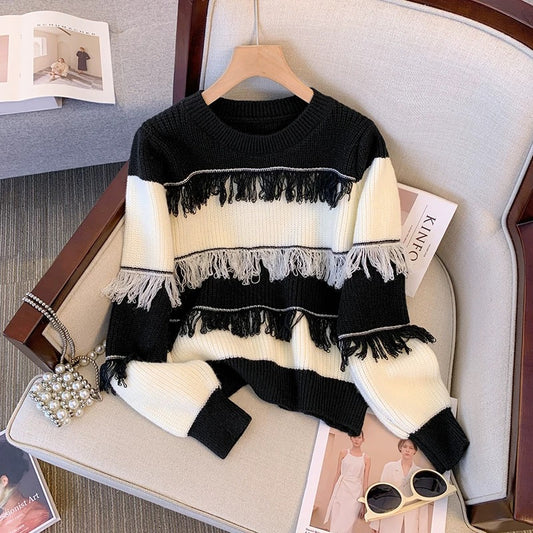 Western style age-reducing American retro pullover round neck striped tassel contrast sweater outer top for women autumn and winter new style