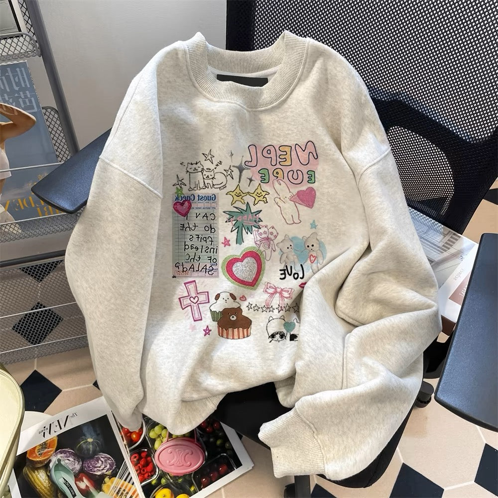 Korean lazy college style cute graffiti cartoon sweatshirt for men and women in spring and autumn, super good-looking, unique and special tops