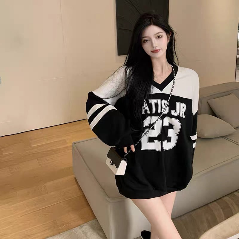 BF style Hong Kong style stitching letter print sweatshirt women's large size loose mid-length V-neck slightly fat fashion top T3449