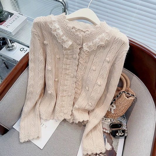 2023 new autumn and winter Korean soft and lazy style lace stitching hollow long-sleeved sweater knitted cardigan for women