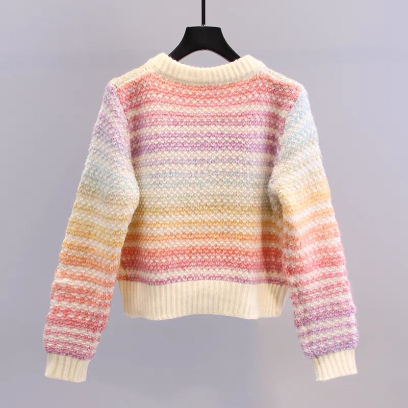 Japanese small fresh rainbow sweater jacket women 2023 autumn and winter new fashion foreign style age-reducing short knitted cardigan