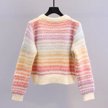 Japanese small fresh rainbow sweater jacket women 2023 autumn and winter new fashion foreign style age-reducing short knitted cardigan