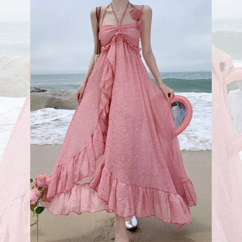 Elegant trailing long skirt with wooden ears design sense rose hollow pleats strapless backless sexy suspender dress