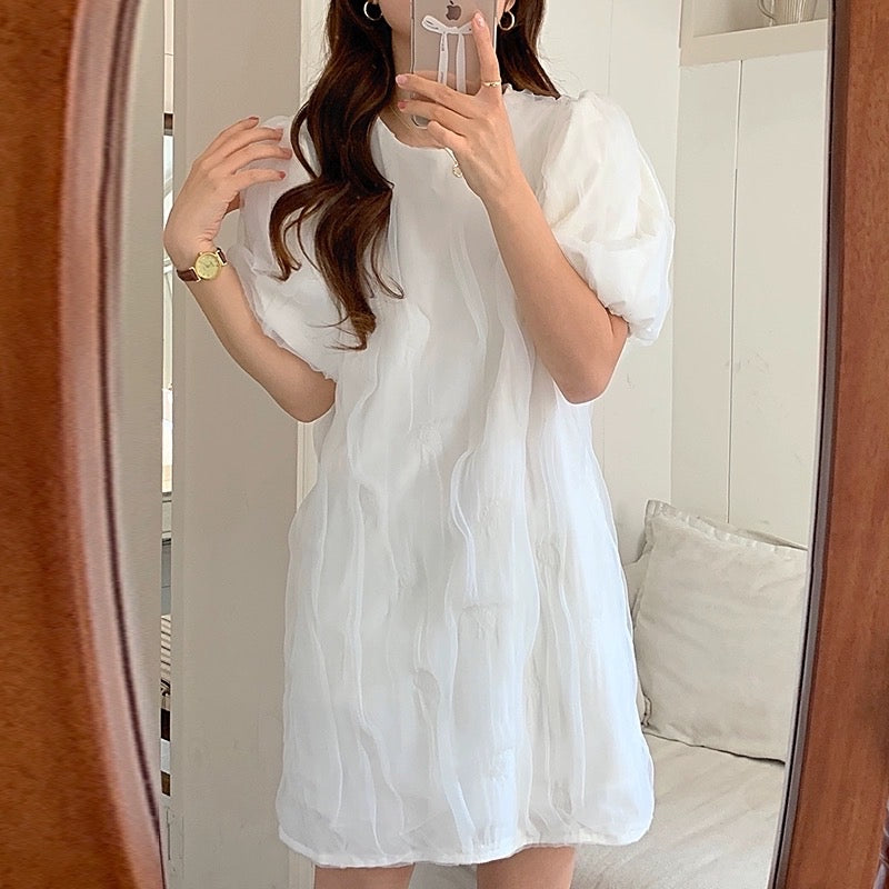 Korean chic summer French gentle round neck wrinkled loose casual puff sleeves small dress female