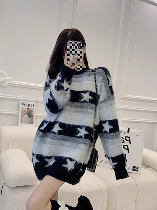 French mid-length mohair small fragrance style warm and thickened sweater for women personalized star striped sweater top trendy T3455