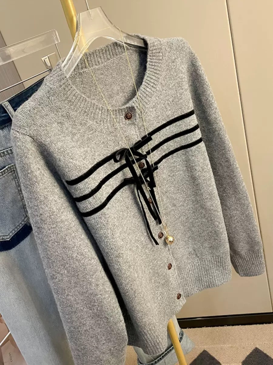 Sweater women's autumn new color-blocked bow design retro round neck long-sleeved knitted cardigan jacket trendy top T9896