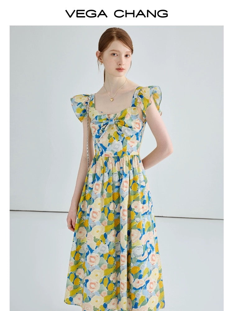 VEGA CHANG French floral dress female 2024 summer new style palace style slim sling tea break long dress