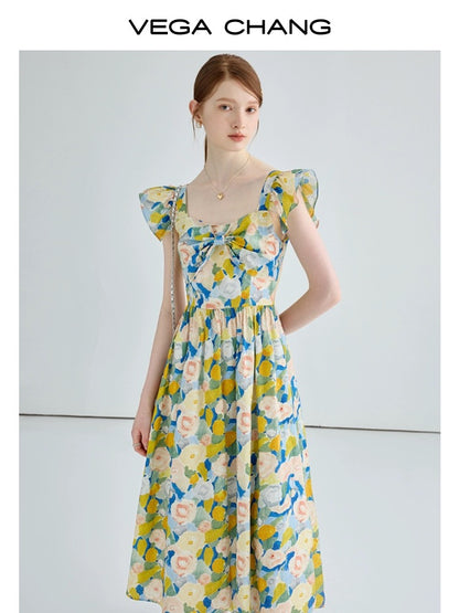 VEGA CHANG French floral dress female 2024 summer new style palace style slim sling tea break long dress