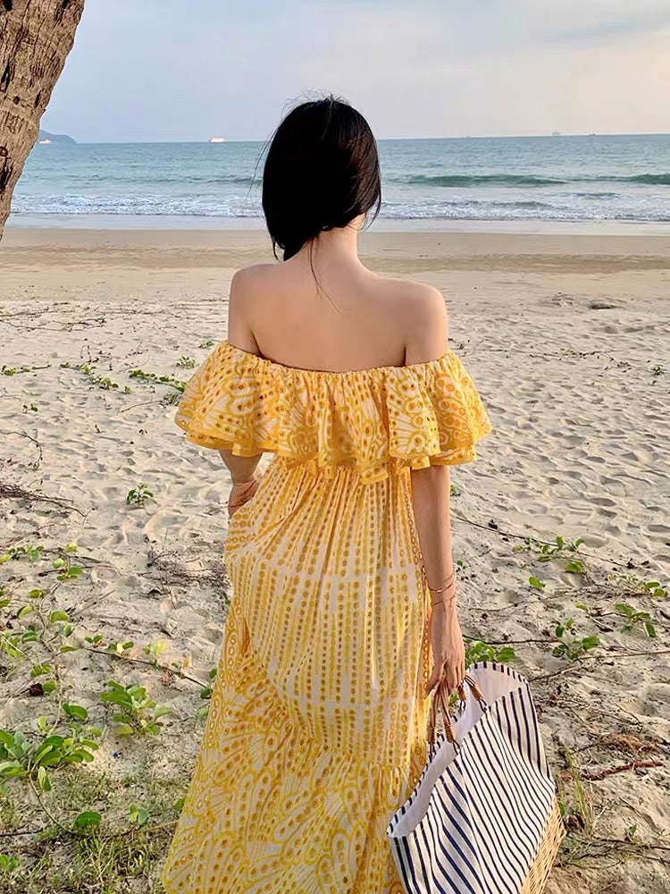 French hollow one-shoulder tube top dress female summer high-end sexy backless beach seaside holiday long skirt