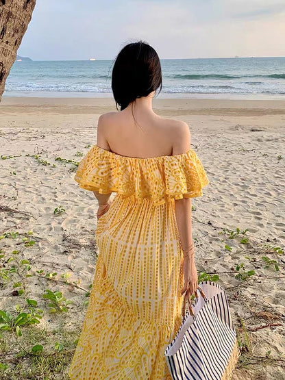 French hollow one-shoulder tube top dress female summer high-end sexy backless beach seaside holiday long skirt