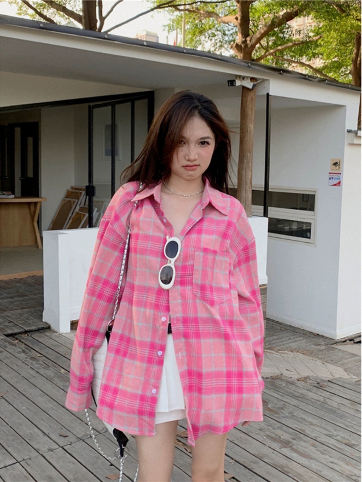 Korean version of the pink plaid long-sleeved sunscreen shirt women's early autumn new loose and versatile mid-length outerwear chic