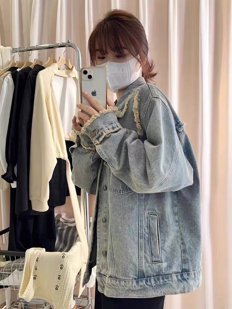 Retro high street washed old ripped denim jacket men's spring and autumn American style oversize tooling couple jacket tide