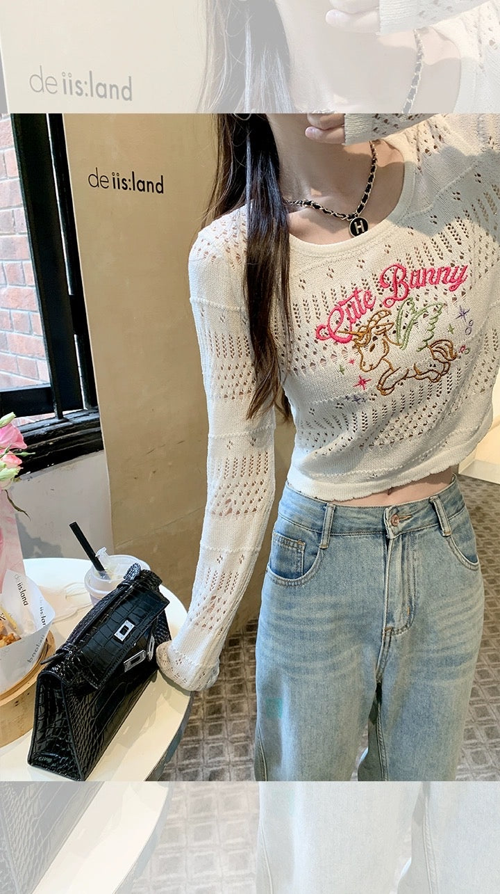 Zeng Xiaoxian cartoon printed hollow knitted sweater women's thin section air-conditioning blouse design sense niche short long-sleeved top