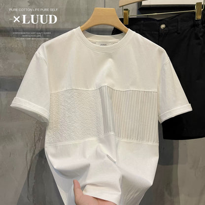 LUUD 2023 summer splicing striped round neck short-sleeved men's Japanese and Korean trendy brand temperament solid color loose shoulder T-shirt