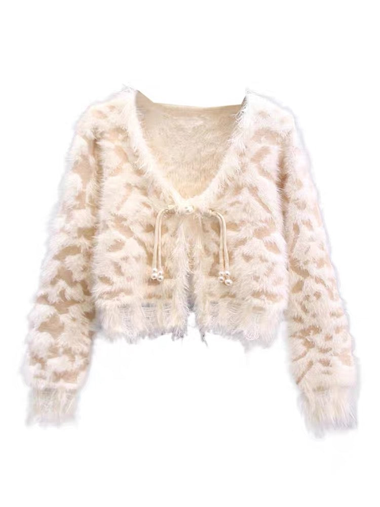 Xiaoxiangfeng Mink Velvet Leopard Print Sweater Jacket Women's Autumn and Winter 2023 New High-end and Western Style Short Knitted Cardigan