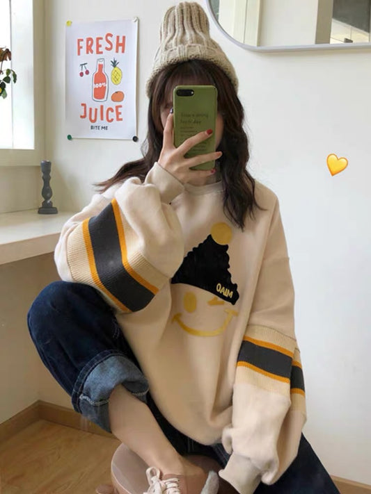 Apricot Smiley Sweatshirt New 2023 Popular Autumn and Winter Thin Jacket Loose Korean Style Hoodless Top Trendy