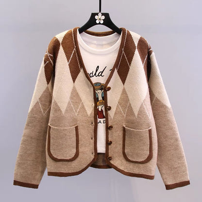 Contrasting color rhombus sweater jacket women autumn and winter 2023 new retro loose college style knitted cardigan