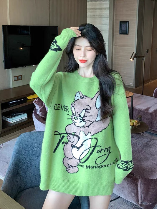 Mustard green soft waxy cartoon sweater for women loose Korean style autumn and winter top outer wear versatile soft waxy sweater mid-length T2377