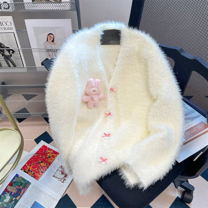 Milk fufu gentle style cute cartoon mink fleece sweater men and women autumn and winter lazy small knitted cardigan jacket