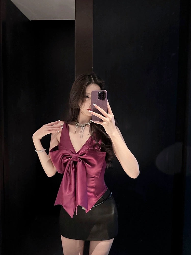 For Fay original high-quality purple satin bow vest sling temperament slim V-neck short top women