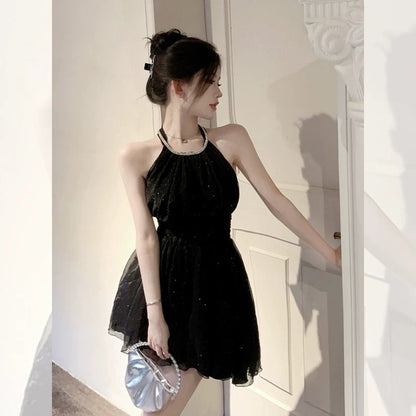 2023 popular skirt halter neck little black dress with sequins design A-line fluffy skirt with waist showing figure dress