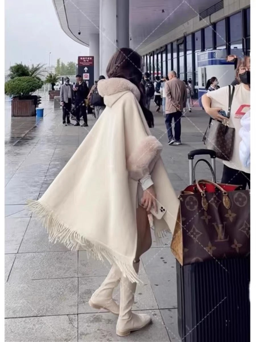 Shawl cape cloak coat female autumn and winter Korean temperament all-match large fur collar hooded thick knitted coat outerwear