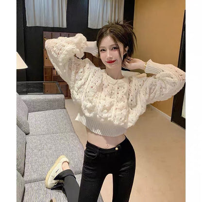 Design hollow puff sleeve sweater for women autumn 2022 new style temperament short chic waist crop top