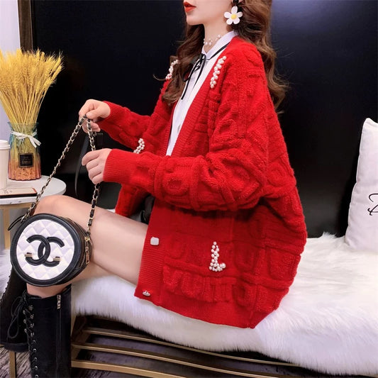 Red Sweater Cardigan Women's Mid-Length Autumn and Winter 2023 New Loose Thick Versatile Lazy Style Knitted Jacket