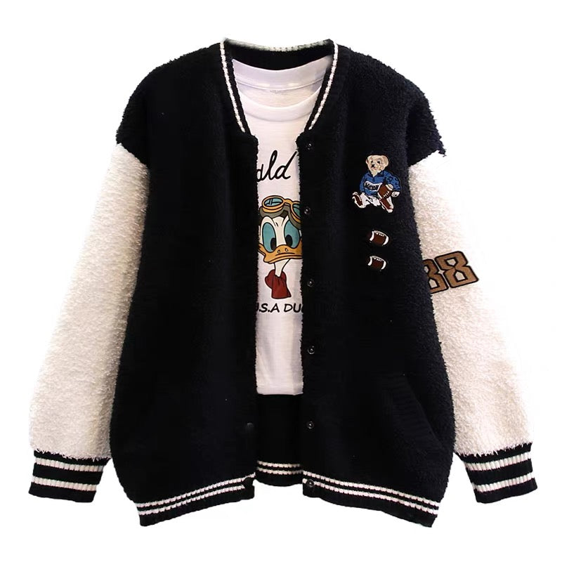 Cartoon sherpa color-blocked sweater jacket for women autumn and winter 2023 new baseball uniform loose outer wear knitted cardigan