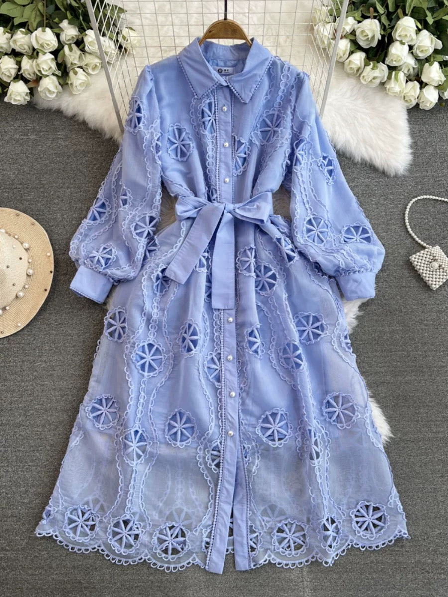 Fashionable, light luxury, ladylike temperament, lantern long sleeves, lapel, waist-slimming, single-breasted, A-line, hollow embroidery dress