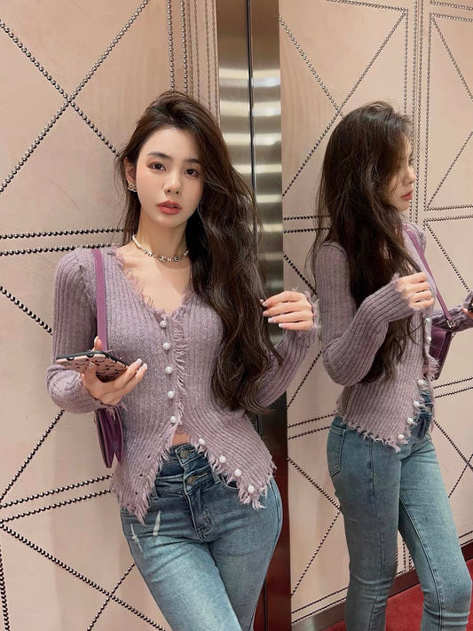 Qiu Rouyao Autumn new V-neck sweater solid color slim fit pit strip thickened raw edge design knitted cardigan for women (B1916)