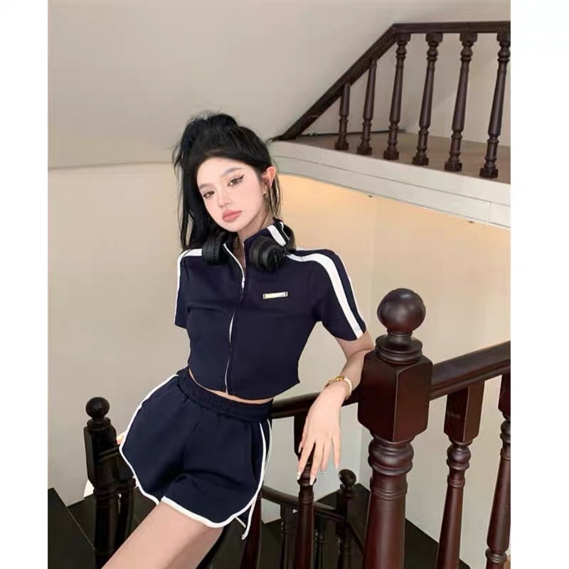 Sports and leisure suit stand collar short sleeve zipper T-shirt top women's summer high waist thin pants shorts two-piece set