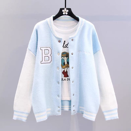 Color block letter baseball uniform sweater jacket for women autumn and winter 2023 new loose college style casual knitted cardigan (S3330)